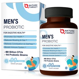 NATURE TARGET NATURE TARGET Probiotics for Men with Men Care Supplement, Prebiotics & Probiotic for Men's Digestive and Immune Health,60 Billion CFUs & 14 Strains Shelf Stable, Gluten & Soy Free (90 Tablets)