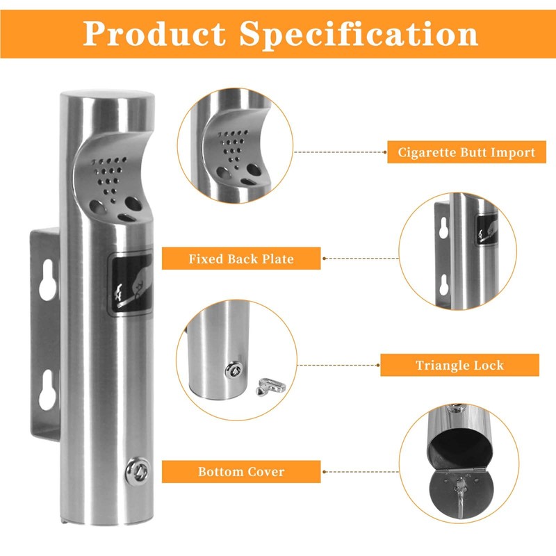 Wall Mounted Ashtray for Outdoors, Ashtray Stainless Steel Wall Ashtray