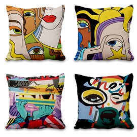 Vie Savaran 4 Pcs/Set Abstract Pillow Covers Boho Women Face Abstract Art Face Patchwork Modern Aesthetic Watercolour Mixed Colours Linen Throw Pillowcases for Couch Sofa Farmhouse, 20"x20"
