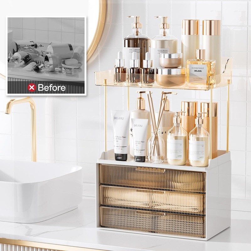 Delamu Bathroom Organizers and Storage, 2 Tier 3 Drawer Makeup