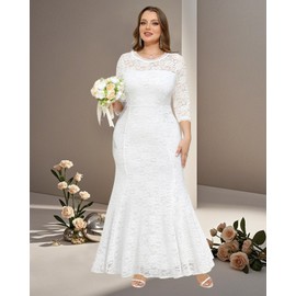 Plus Size Wedding Dress Bride White Lace Long Formal Mermaid Bridal Shower Maxi Elegant Prom Gowns with Sleeves Women