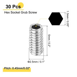 sourcing map 30Pcs Hex Socket Grub Screw, M2.5x5mm 304 Stainless Steel Head Socket Set Screws Flat Point Grub Bolt for Door Handles, Light Fixture Repair, Silver