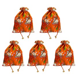 Purpledip Silk Drawstring Potli Pouch Pack Of 5: Pichwai Art Kamdhenu Cow Print Gift Bags,Orange, 9 Inches (12756B)