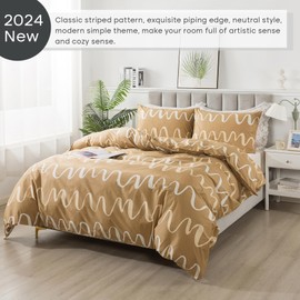 Lemfux 100% Cotton Geometric Pattern Light Brown Duvet Cover Set, Curve Print Modern Abstract Soft Comforter Cover Set with Metal Zippers, Luxury Neutral Designer Bedding Set, Queen Size, 3Pcs