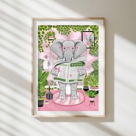 Parmaro Elephant Reading Newpaper Bathroom Print, Elephant Toilet Print, A4 UNFRAMED Print, Animal Bathroom Print, Pink Botanical Print, Tropical Bathroom Decor