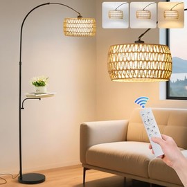 Powfloven Arc Black Boho Floor Lamp with Table, Rattan Rustic Floor Lamps with Shelves and Remote & Dimmable 3 Color Temperatures LED Bulb, Tall Farmhouse Standing Lamp for Living Room Bedroom Corner