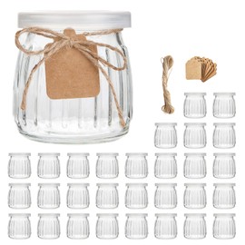 Encheng Glass Jars, 7 oz Glass Yogurt Jars With Lids(PE),Replacement Glass Pudding Jar With Plastic Tops,Clear Yogurt Container With Twine n Tag For Milk,Jams,Jelly,Mousse,Dishwaresafe 30 Pack