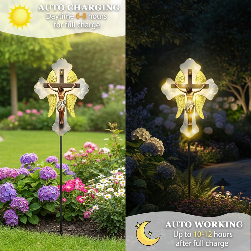 Solar Glass Jesus Cross Outdoor Light Power Stake Tombstone Wings