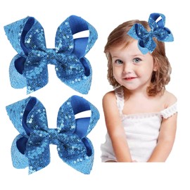 2 Pieces Hair Bows Clips for Girls 6 Inches Handmade Sequins Large Bows Alligator Hair Clips Hair Barrettes Accessories for Women Teens Girls Kids (Blue)