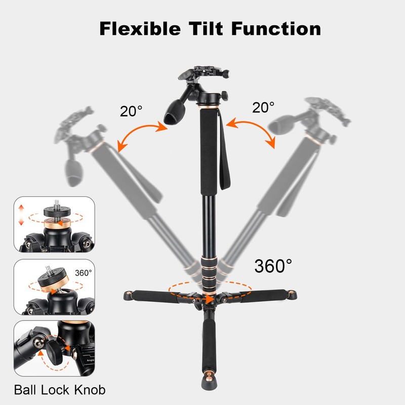 Koolehaoda 71.6” Camera Monopod with 3-Way Pan Tilt Head &