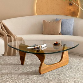 Triangle Glass Coffee Table-Mid-Century Modern End Table Solid Wood Base and Vintage Tempered Transparent Glass Top Coffee Tables Living Room Balcony (36 * 25.6 * 16, Walnut Clear)