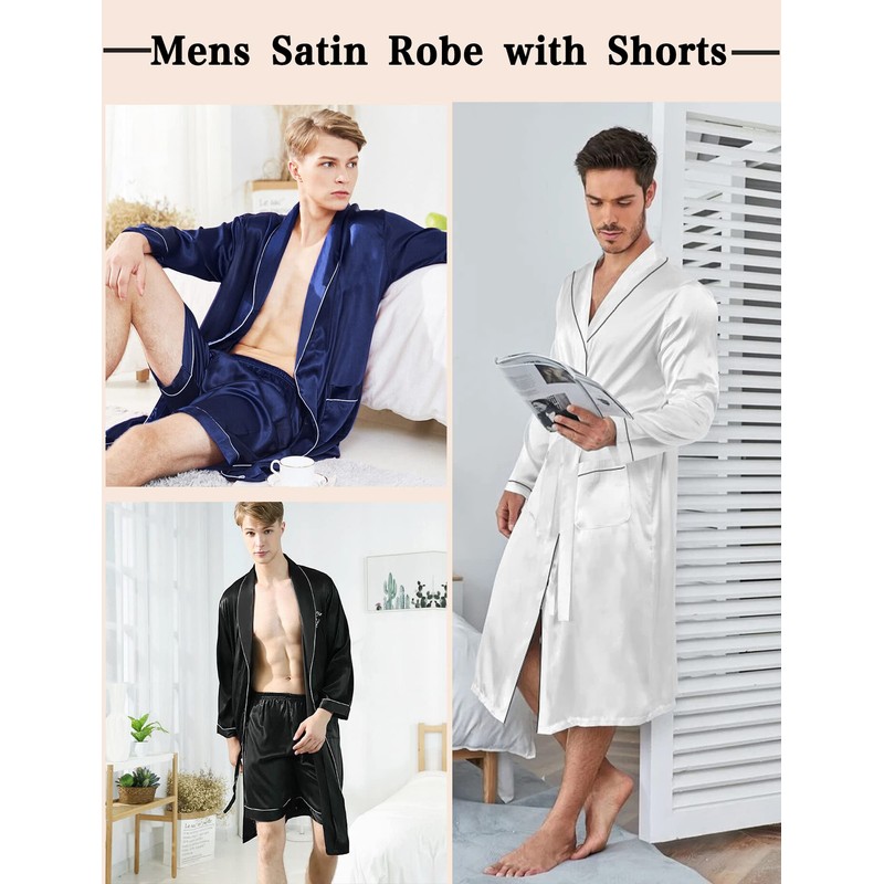 SWOMOG Men's Silk Satin Bathrobe with Shorts Set Pocket Front