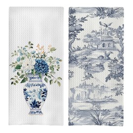GCFET Chinoiserie Kitchen Towels Set - Blue and White Chinoiserie Dish Towel, Blue and White Floral Hand Tea Towels for Bathroom Kitchen, 16x24 Inch Set of 2