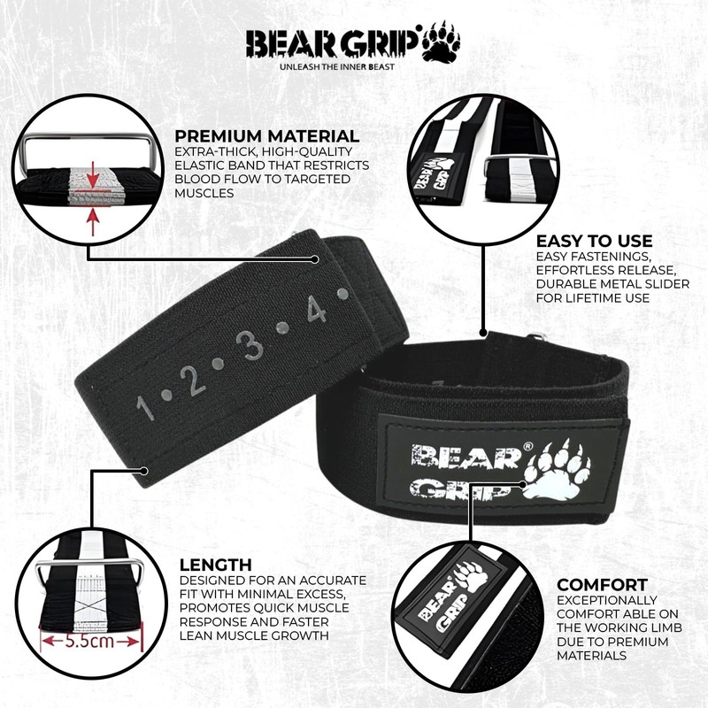 BEAR GRIP - Blood Flow Restiction Workout Bands (Black, Arms