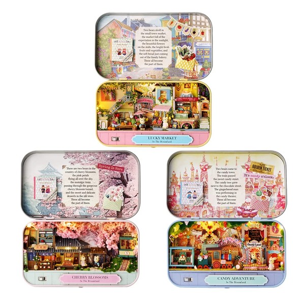 wyd October Fairytale Dollhouse Miniature Handmade Kit Set, Sakura Dreamland, Lucky Bazaar, Candy Adventure Family, Pen Case Can, Vertical (3 Pieces)
