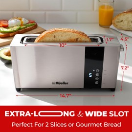 Mueller UltraToast Full Stainless Steel Toaster 2 Slice, Long Extra-Wide Slots with Removable Tray, Cancel/Defrost/Reheat Functions, 6 Browning Levels with LED Display, Housewarming Gifts New Home