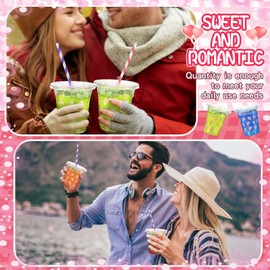 Umigy 100 Pack Plastic Disposable Cups with Lids and Straws 12 oz Disposable Cups for Juice Water Coffee Summer Party Sports Party Supplies(Pink Heart)
