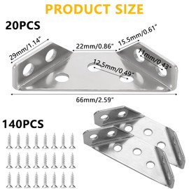 Boutihao Pack of 20 Stainless Steel Triangle Supports, Stainless Steel Furniture Construction Corner Connectors with 120 Screws for Reinforcement and Repair of Furniture such as Tables, Chairs and