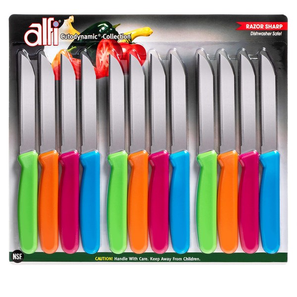 Alfi All-Purpose Knives Aerospace Precision Pointed Tip - Home And Kitchen Supplies - Serrated Steak Knives Set | Made in USA (Multi-Color, 12 pack)