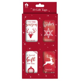 Christmas Gift Tags with Ribbon Ties Pack 16 - Recyclable and Plastic Free (Scandi Red and White)