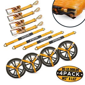 KODIAK STRAPS Adjustable Vehicle Tire Tie Down Straps Kit– 4pk Heavy Duty Tire Straps with Snap Hooks 10,000 lbs. Working Load 3333 lbs. Lasso 4 x Tow Strap Kit for Car, Truck, ATV Towing Accessories