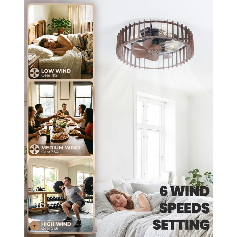 Yituplyee Flush Mount Ceiling Fans with Lights and Remote,Wood Caged