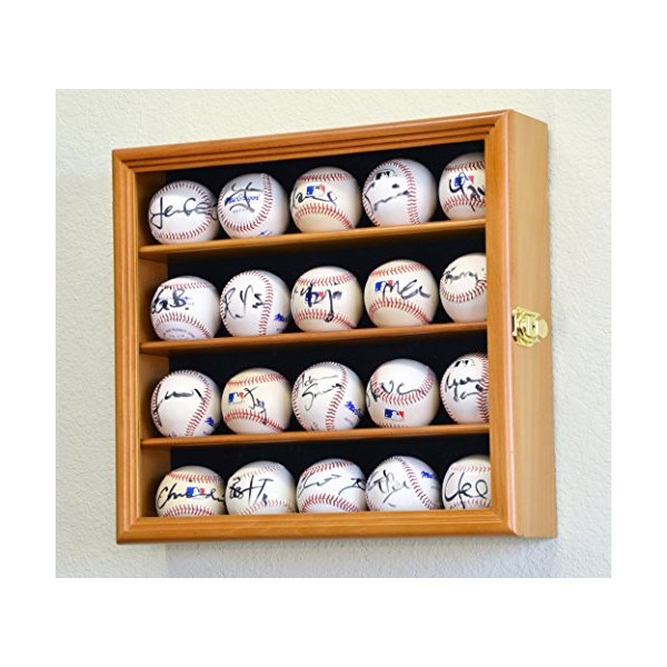 20 Baseball Ball Display Case Cabinet Holder Wall Rack 98% UV Protection, Oak