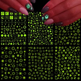Luminous Nail Art Stickers, 3D Sun Moon Stars Love Heart Nail Self-Adhesive Sticker Designs, Glow In The Dark Nail Transfer Decals Supplies for Women Girls Manicure Decorations, Fluorescent Nail Decal