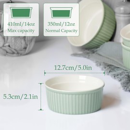 NUTRIUPS Green Ramekins 14oz Oven Safe Set of 4, Porcelain Pudding Cups for Creme Brulee Souffle, Small Ceramic Ramekins Set for Baking