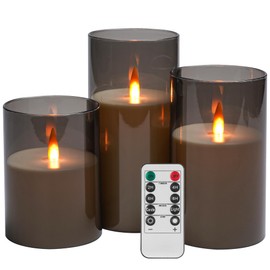 Upinmz Grey Acrylic Flameless Candles with Remote Control and Timers，Battery Operated Candles，LED Pillar Candles with Dancing Flame ，for Home Decorations ，Set of 3