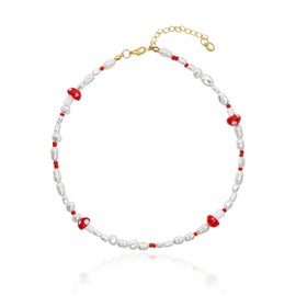 Yifnny Beaded Necklaces, Boho Beaded Necklace Summer Choker Y2K Colorful Party White Beaded Necklace Jewelry Flower Imitation Pearl Seashell Necklace for Women Men (Red Mushroom)