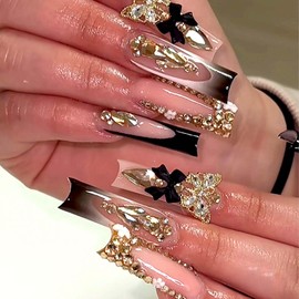 Lomxene Press-on Nails - Long Square XL French Tip Nails With Rhinestones, Acrylic 3D Butterfly & Bow Designs - 24pcs