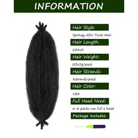 3 Packs Springy Afro Twist Hair with Crochet Hook, 24 Inch Pre-Separated Marley Crochet Braiding Hair for Distressed Soft Locs, Natural Black Synthetic Hair Extension for Black Women(1B#)