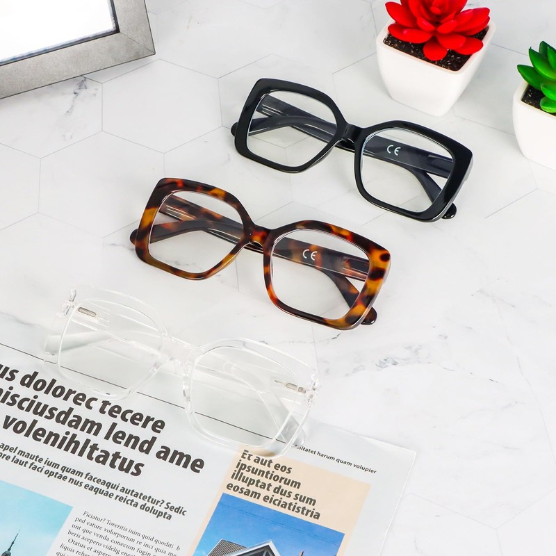 REAVEE 3 Pack Wide Oversized Reading Glasses for Women, Blue