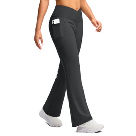 SANTINY Women's Fleece Lined Pants Crossover Yoga Pants High Waisted Bootcut Lounge Water Resistant Thermal Warm Flare Leggings for Women with Pockets 30 Inch(Dark Grey_L)