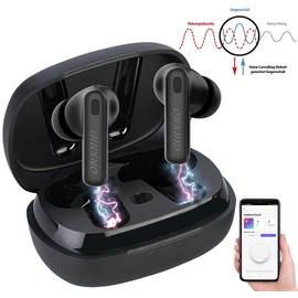 auvisio Bluetooth Headphones: In-Ear Stereo Headset with ANC, Bluetooth 5.2, Charging Box, App, Black (Noise Cancelling Headphones, Headphones NV, Bluetooth)