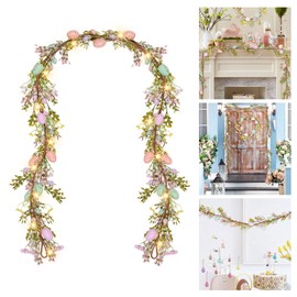 6FT Lighted Easter Egg Garland with Spring Flowers, Long Artificial Rustic Egg Floral Vine String Garland for Easter Wreath Making Spring Party Supply (6FT-1PC)