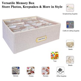 Sprsthai Linen Photo Storage Box, Large Capacity Organizer Box, Storage Holds 1700 Picture, with 24 Adjustable Dividers, 72 Labels, Fabric Picture Box for Photos, Envelopes, Recipes Beige