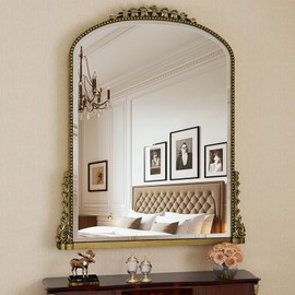 Wall Mirror, Vintage Carved Bathroom Mirror 40" x 32" Antique Metal Frame Wall Mirror for Bedroom, Living Room, Entryway, Fireplace, Hallway, Gold