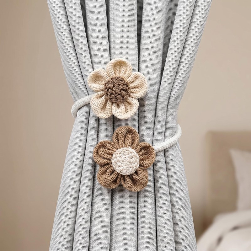 2 Pack Sunflower Curtain Tiebacks, Cotton Linen Boho Window Holdbacks