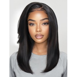UNICE Yaki Straight Human Hair Drawstring Wig with Side Bangs Bye Bye Knots 7X5 Lace Front Glueless Wigs Human Hair Pre Plucked Pre Cut Natural Looking 150% Density 16 inch