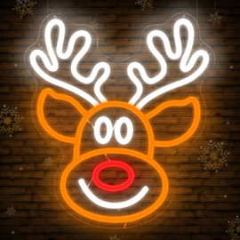 Christmas Elk Neon Sign for Wall Decor Dimmable Christmas Neon Sign Light Deer Led Neon Night Light Up Animal Neon Sign for Bedroom Children Kids Gift Living Room Winter Home Party