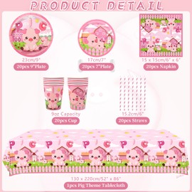 Obussgar Pig Party Decoration - Pink Pig Birthday Party Tableware Supplies Includes Plates, Cups, Napkins, Tablecloth, Straws - Serves 20