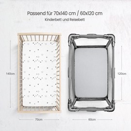 Set of 2 Children's Fitted Sheets, Muslin Cotton Fitted Sheet for Baby Cot and Cot, 60 x 120 cm / 70 x 140 cm, Travel Cot Fitted Sheet, Side Cot, Sheets (Star Grey, 60 x 120 cm)