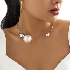 Elegant White Pearl Choker Necklace for Women Big Ball Pendant Open Cuff Clavicle Chain Wedding Bridal Pearl Round Collares Jewelry, Medium, Metal, No Gemstone