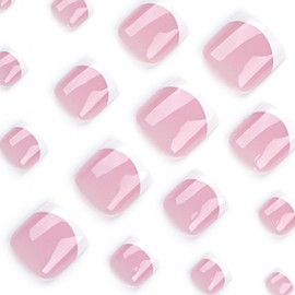 Pink Press on Toes Nails French Tip Fake Toenails Short Square Glue on Toenails with White Tip Designs Pink False Nails White Tip Stick on Toenails for Women Full Cover Glossy Acrylic Toe Nails