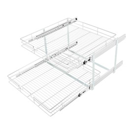 QUSKLISU 2-Tier Heavy Duty Pull Out Cabinet Organizer with Slide-Out Drawers, Chrome-Plated Kitchen Bathroom Storage Shelves for Cabinets Pantries Adjustable Slide Out Basket (24 X 22 Inch)