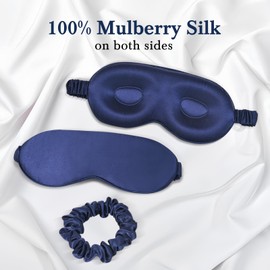 Euatiwal Sleeping Sets Includes Silk Sleep Mask,Silk Scrunchies,Contoured Cup Eye Mask for Sleeping,3D Contoured Cup Eye Mask for Sleeping Women, Perfect Blocks Light for Sleeping (Blue)