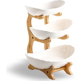 HOMKULA Fruit Bowl for Kitchen Counter - 3 Tier Ceramic Fruit Basket, Fruit Holder for Kitchen Countertop, Decorative Tiered Fruit Stand Organizer (White)