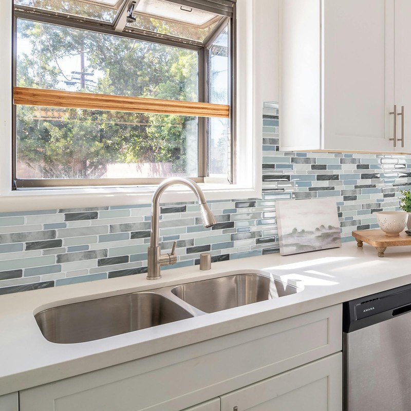 LONGKING Self-Adhesive Kitchen Backsplash, Marble Look Decorative Tiles (10 Tiles)
